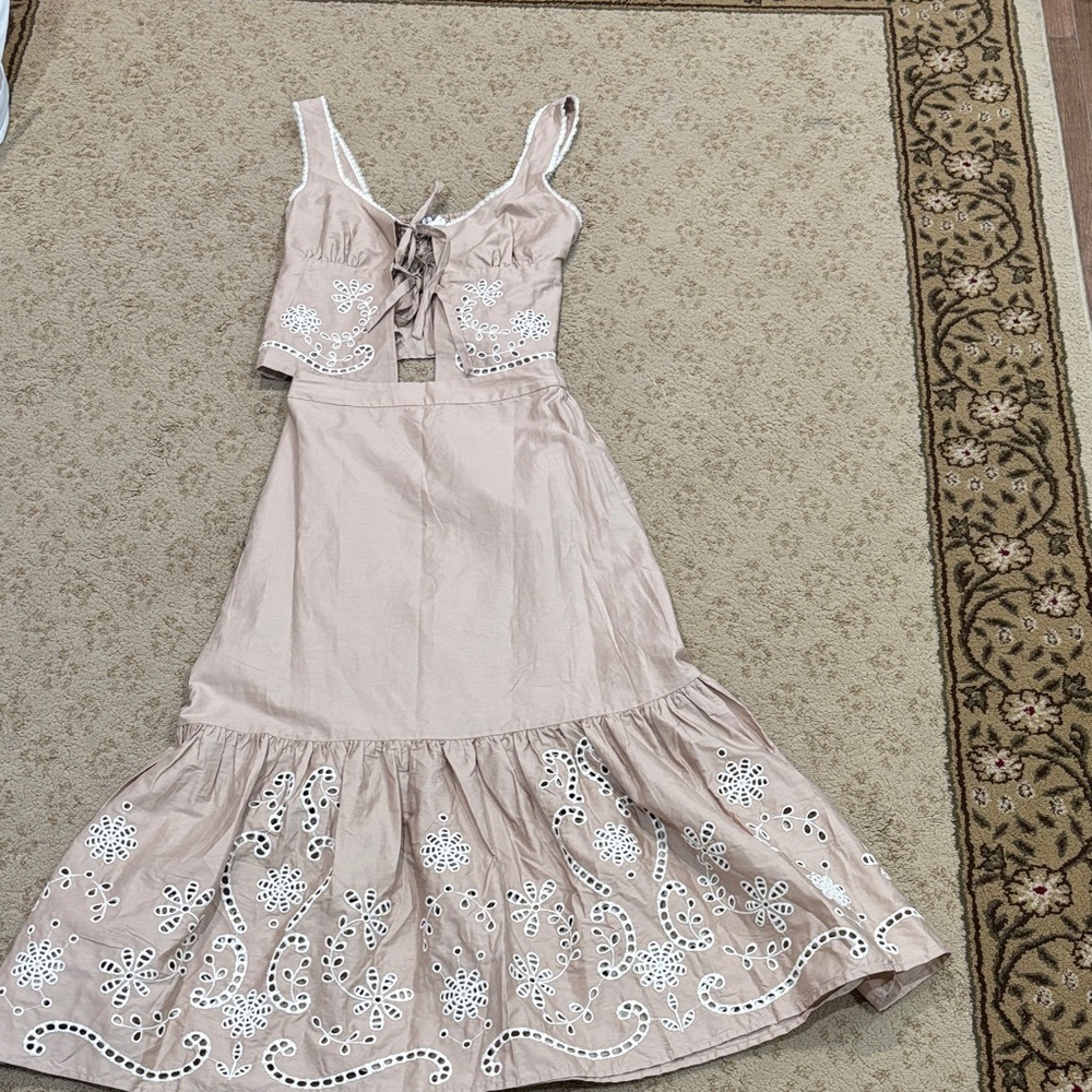 Moon River Beige Maxi Skirt with White Embroidery